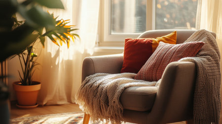 A cozy living room corner featuring a soft armchair adorned with colorful cushions, a warm throw, and gentle sunlight creating a serene atmosphere for relaxation.の素材