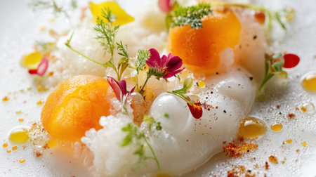 Captivating fine dining dish featuring a perfectly presented fish fillet adorned with vibrant egg yolks, edible flowers, and fresh herbs, creating a visual feast for the senses.の素材