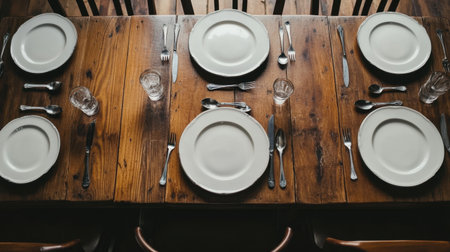 A beautifully arranged dining table featuring white plates, gleaming cutlery, and clear glassware on a rustic wooden surface, perfect for intimate gatherings or special occasions.の素材