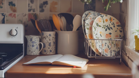 A cozy kitchen scene featuring floral plates, cooking utensils, and an open notebook, creating an inviting atmosphere perfect for culinary inspiration and home cooking.の素材