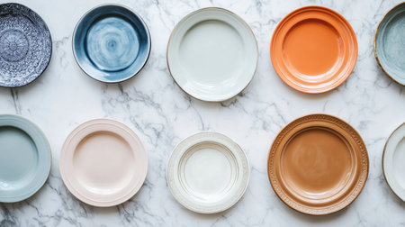 A visually appealing arrangement of different decorative plates in various colors and designs placed on a marble surface, perfect for culinary or decor inspiration.の素材