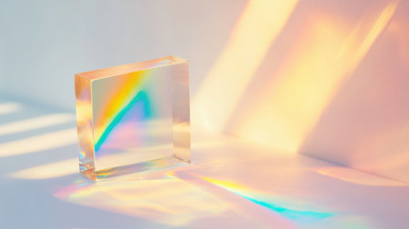 A stunning prism creates vibrant rainbow reflections on a smooth surface, enhanced by soft lighting effects for a modern artistic look and serene ambiance.の素材