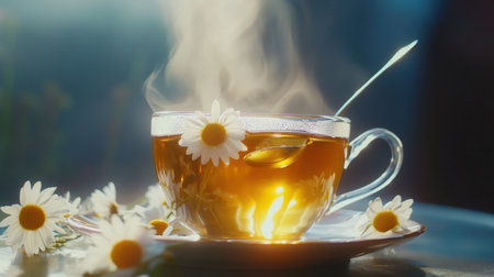 A serene cup of steaming herbal tea with fresh daisies around it, creating a tranquil ambiance ideal for relaxation and cozy moments, complemented by soft lighting.の素材