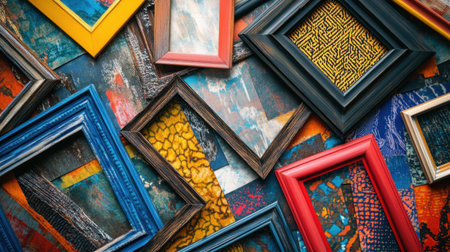 A diverse assortment of colorful picture frames displayed against an artistic background showcasing unique textures and patterns for creative inspiration and decoration ideas.の素材