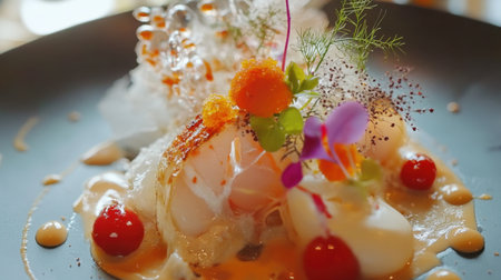 A stunning arrangement of a gourmet dish featuring vivid colors and intricate details, perfect for showcasing the elegance of fine dining and culinary artistry.の素材