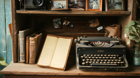 A charming vintage workspace featuring a typewriter, old books, and photographs on a rustic wooden shelf, perfect for evoking nostalgia and creativity in design projects.の素材