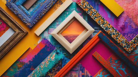 This image features a colorful arrangement of various photo frames set against a vibrant artistic background, showcasing unique textures and patterns ideal for design inspiration.の素材