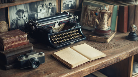 A nostalgic workspace featuring a vintage typewriter, an antique camera, and weathered books, evoking a sense of creativity and historical charm in a cozy setting.の素材