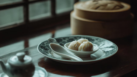A beautifully arranged plate of dim sum reveals delicate steam buns paired with a traditional Chinese teapot, showcasing the rich culinary heritage in an elegant dining atmosphere.の素材