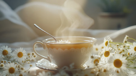 A serene scene showcasing a steaming cup of tea nestled among fresh daisies on soft linens, evoking feelings of comfort and tranquility in a cozy morning setting.の素材