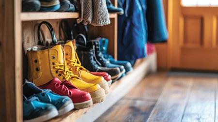 This image captures an organized entryway featuring an array of colorful shoes on a wooden shelf, highlighting a stylish blend of function and casual aesthetics in a home environment.の素材
