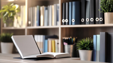A serene office scene featuring an open notebook on a desk, surrounded by neatly arranged binders and plants, evoking a calm and organized atmosphere for productivity and creativity.の素材