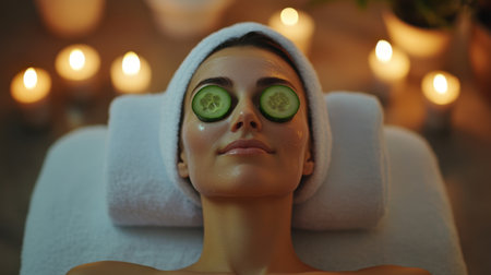 A serene scene featuring a woman enjoying relaxation at a spa with soothing candlelight, cucumber slices on her eyes, and a calm atmosphere perfect for skincare and rejuvenation.の素材