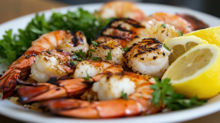 A delicious grilled shrimp platter garnished with fresh herbs and lemon slices, beautifully presented on a white plate, ideal for food photography and culinary delight.の素材