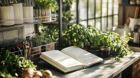 A charming kitchen setup featuring an open recipe book surrounded by vibrant herbs, emphasizing a warm atmosphere for cooking and culinary creativity.の素材
