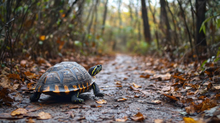 A serene image of a turtle on a forest path, surrounded by autumn leaves and trees, captures the essence of a tranquil moment in nature's beauty and slow life.の素材