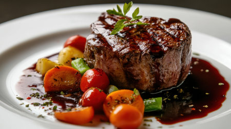A beautifully plated gourmet grilled beef fillet accompanied by a vibrant mix of fresh vegetables and a rich sauce, perfect for food lovers and fine dining events.の素材