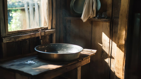 A serene, rustic kitchen scene captures the essence of simplicity, featuring an empty bowl on a weathered wooden table, illuminated by soft sunlight streaming through a window.の素材
