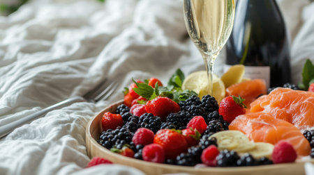 Cozy brunch scene with fresh berries and salmon paired with sparkling wine on a soft linen bedspread, creating a relaxing and indulgent atmosphere for mornings.の素材