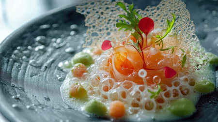 A stunning seafood dish artfully arranged on a black plate, featuring fresh ingredients, colorful garnishes, and delicate foam, presenting a modern gourmet culinary experience.の素材