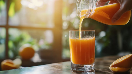 A refreshing scene of freshly squeezed orange juice being poured into a glass showcases vibrant colors and inviting sunlight, perfect for health and wellness themes.の素材