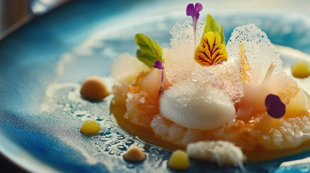 A stunning seafood dish beautifully arranged on a blue plate, featuring fresh ingredients, delicate garnishes, and modern culinary techniques for a memorable dining experience.の素材