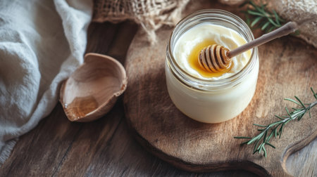 A beautifully presented glass jar of yogurt topped with golden honey and a wooden dipper, set on a rustic wooden board, ideal for healthy eating themes.の素材
