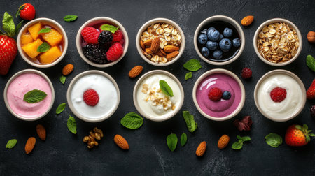 A beautiful display of yogurt bowls topped with fresh fruits, nuts, and granola on a dark surface, ideal for promoting healthy eating and vibrant culinary ideas.の素材