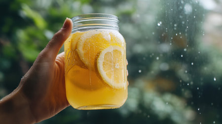 A close-up of a hand holding a glass jar filled with refreshing lemonade and lemon slices, beautifully captured against a rainy window, evoking a cozy summer atmosphere.の素材