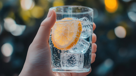 A vibrant glass of sparkling water with a lemon slice, held in a hand, evokes refreshing summer vibes. Ideal for promoting hydration, health, and enjoyment in nature.の素材