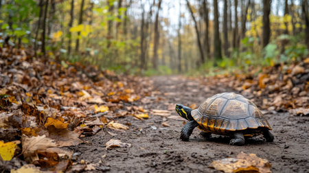 A tortoise navigates a dirt path in a tranquil forest during autumn, surrounded by colorful leaves and tall trees, creating a serene natural ambiance.の素材