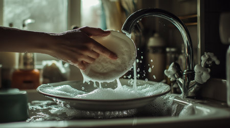 A serene moment in a kitchen showcasing a hand gently washing a dish in a sink filled with soap bubbles, highlighting the importance of cleanliness in daily life.の素材