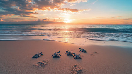 A group of newly hatched sea turtles makes their way across a sandy beach toward the ocean at sunrise, showcasing the beauty and fragility of wildlife and natural habitats.の素材
