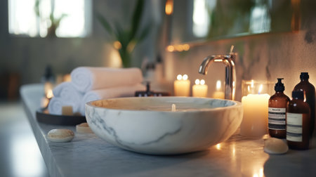 Experience the calmness of a beautifully arranged bathroom scene featuring a marble basin, soft towels, and glowing candles, perfect for moments of self-care and relaxation.の素材
