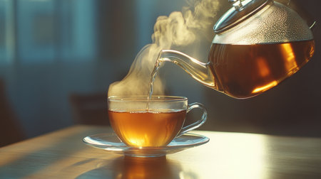 A beautiful scene featuring a glass teapot pouring steaming hot tea into a delicate cup, showcasing warmth and tranquility in a soft-lit environment. Perfect for cozy moments.の素材