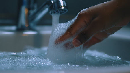 A close-up image showing a hand immersed in soapy water while washing dishes in a sink, emphasizing cleanliness and the daily aspects of home chores.の素材