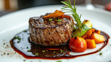 Experience gourmet dining with this beautifully plated beef tenderloin steak, accompanied by vibrant vegetables and a rich sauce, perfect for upscale restaurant menus.の素材