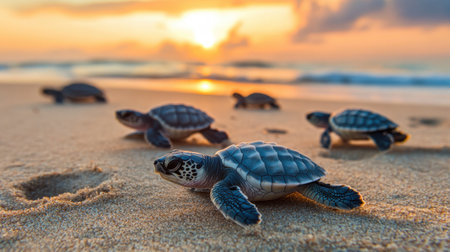 A breathtaking scene of baby sea turtles emerging from the sand at sunset, highlighting their instinctual journey toward the ocean, representing resilience and nature's wonders.の素材