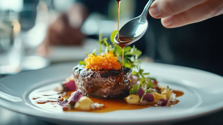 A beautifully plated gourmet dish features juicy meat topped with vibrant sauce and garnishes, showcasing culinary artistry in an upscale dining atmosphere.の素材