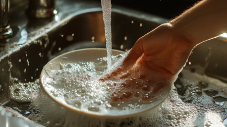 A hand interacts with flowing water while washing a plate, creating a dynamic scene filled with soap bubbles, emphasizing cleanliness and daily kitchen activity.の素材