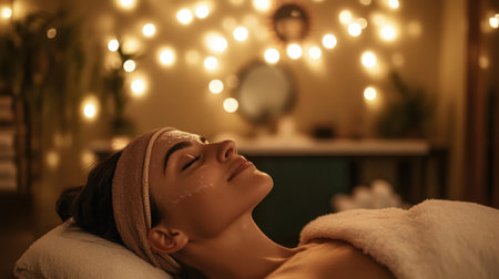 A serene moment captured in a spa setting as a woman enjoys a facial treatment, surrounded by soft ambient lights, embodying relaxation and beauty.の素材