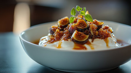 A delicious bowl of creamy yogurt topped with fresh figs, crunchy granola, and a drizzle of honey. Perfect for breakfast or a sweet dessert.の素材