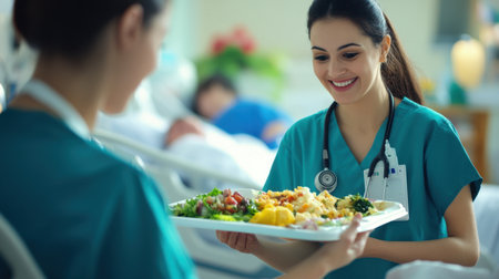 A dedicated nurse serves a colorful and nutritious meal to a patient in a hospital setting, showcasing the importance of nutrition and compassionate care in recovery.の素材