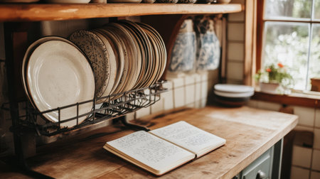 A cozy kitchen scene featuring a vintage dish rack with neatly arranged plates and an open recipe book on a wooden countertop, creating a warm and inviting atmosphere.の素材