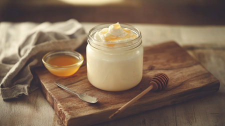 Indulge in the visual delight of creamy yogurt topped with whipped cream and honey, beautifully arranged on a rustic wooden table, perfect for food enthusiasts.の素材