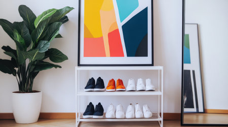 A modern living space showcasing a shoe rack with a variety of sneakers, beautifully complemented by abstract art and an indoor plant, creating a stylish and vibrant atmosphere.の素材