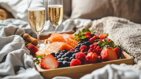 A cozy scene featuring fresh salmon, vibrant berries, and sparkling wine, perfect for a romantic breakfast or a relaxed celebration in bed, exuding warmth and comfort.の素材