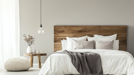 A picturesque bedroom showcasing a serene design with a wooden headboard, soft textiles, and warm lighting, perfect for inspiring a cozy, elegant atmosphere in any home.の素材