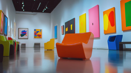 A dynamic art gallery featuring an array of vibrant abstract paintings and modern colorful furniture, offering an inspiring and unique artistic environment for all visitors.の素材