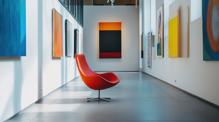 A striking modern art gallery showcasing vibrant paintings adorns the walls, featuring a sleek red chair that invites quiet contemplation and appreciation of the artistic space.の素材